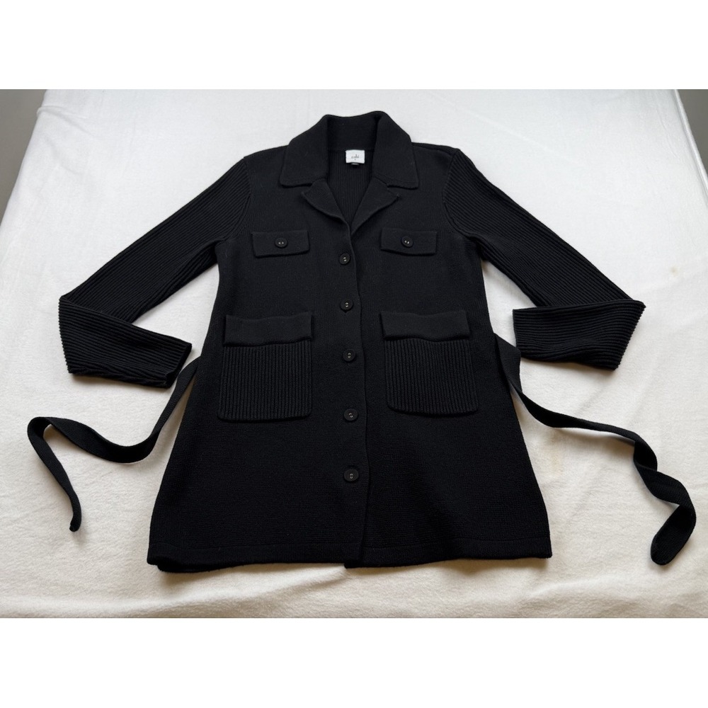 Cabi Women's S Black Jackie Heavy Weight Belted Cardigan Preppy Mid Length #6174